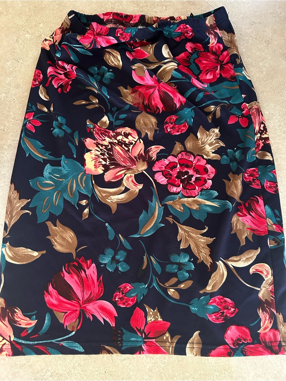 SHEIN Navy Pencil Skirt with Pink, Teal & Gold Floral Print